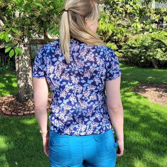 Vintage Japanese silk shirt Navy Blue leaf print - Picture 5 of 9